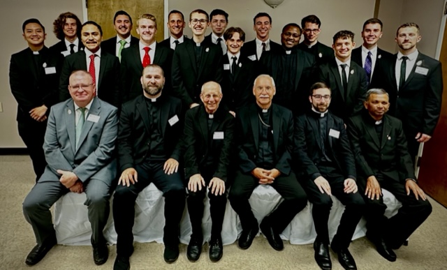 Front Row: Dc. Ashburn, Fr. Hebert, Fr. Bill, Bishop Taylor, Father de Orbegozo and Fr. Ravi  Back Row: Fifteen Seminarians