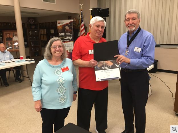 L-R Karen wife of Knight of the Month Larry Gremillion and Grand Knight Gary Wolfer